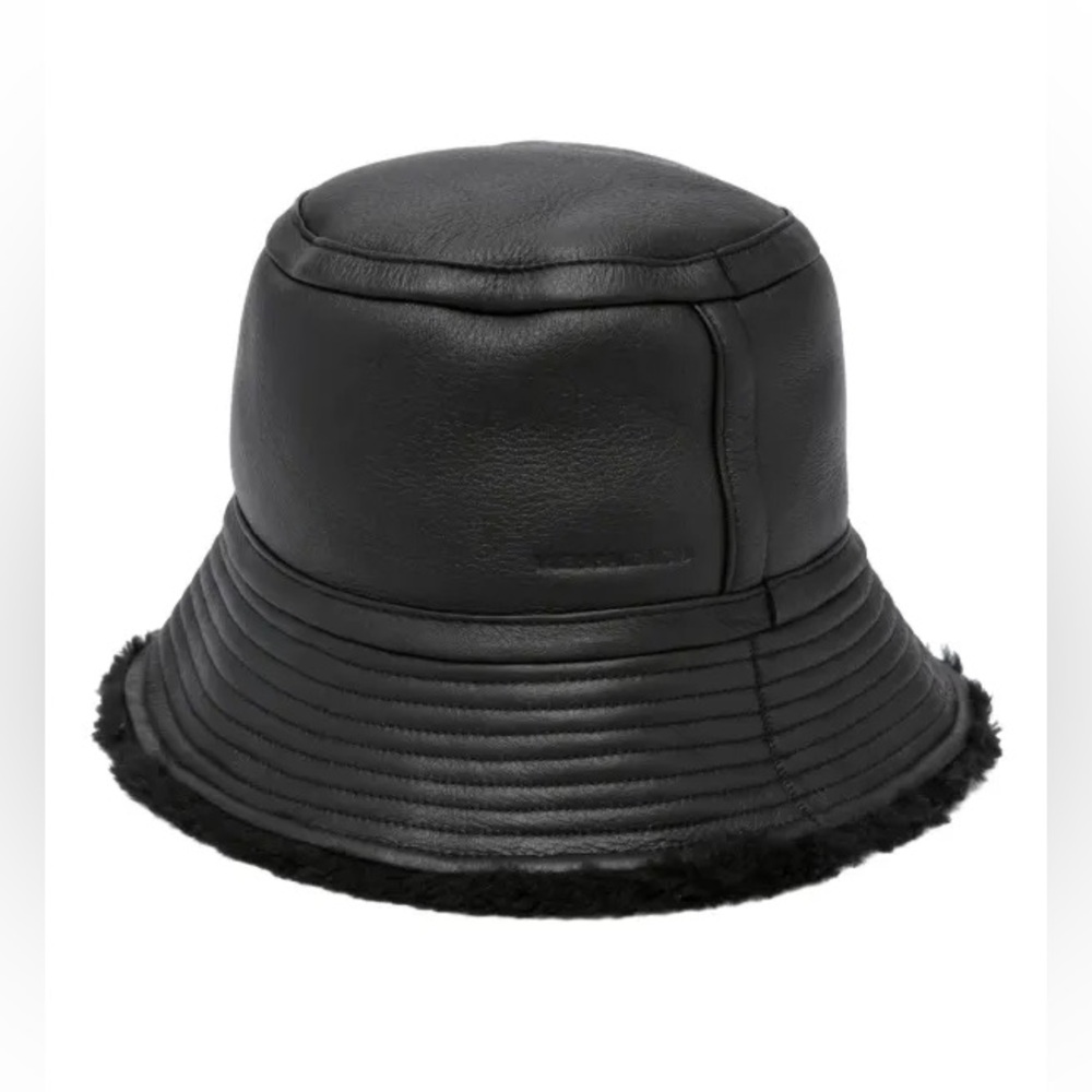Designer Yves Saloman Black Italian Leather + Sherpa Reversible Bucket Hat NWOT